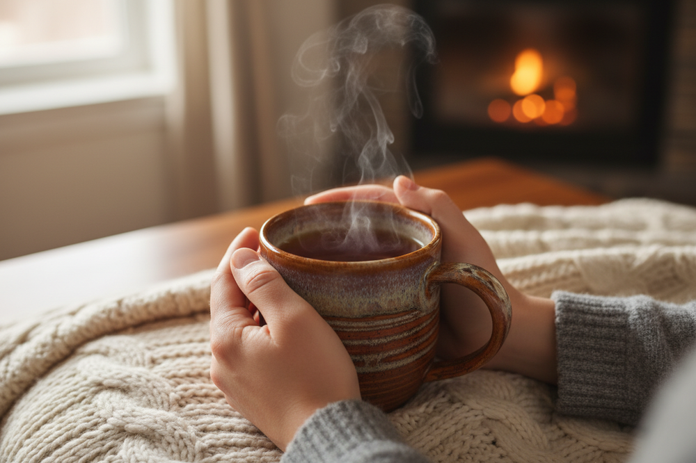 Woman holding a cup of herbal tea as part of a calming stress support ritual.