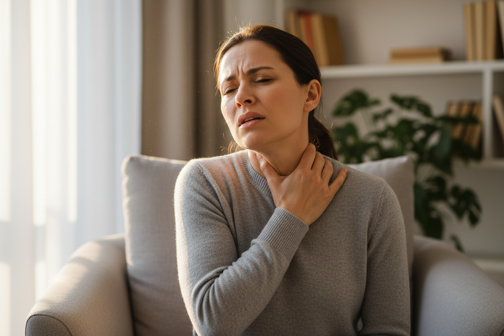 Woman gently rubbing her tense shoulder, expressing muscle pain and stress during healing and recovery