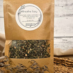 Breathe Eazy Herbal Tea Blend with lemon balm, mullein, astragalus, marshmallow root, plantain, cinnamon, and ginger. A soothing herbal tea for seasonal comfort.
