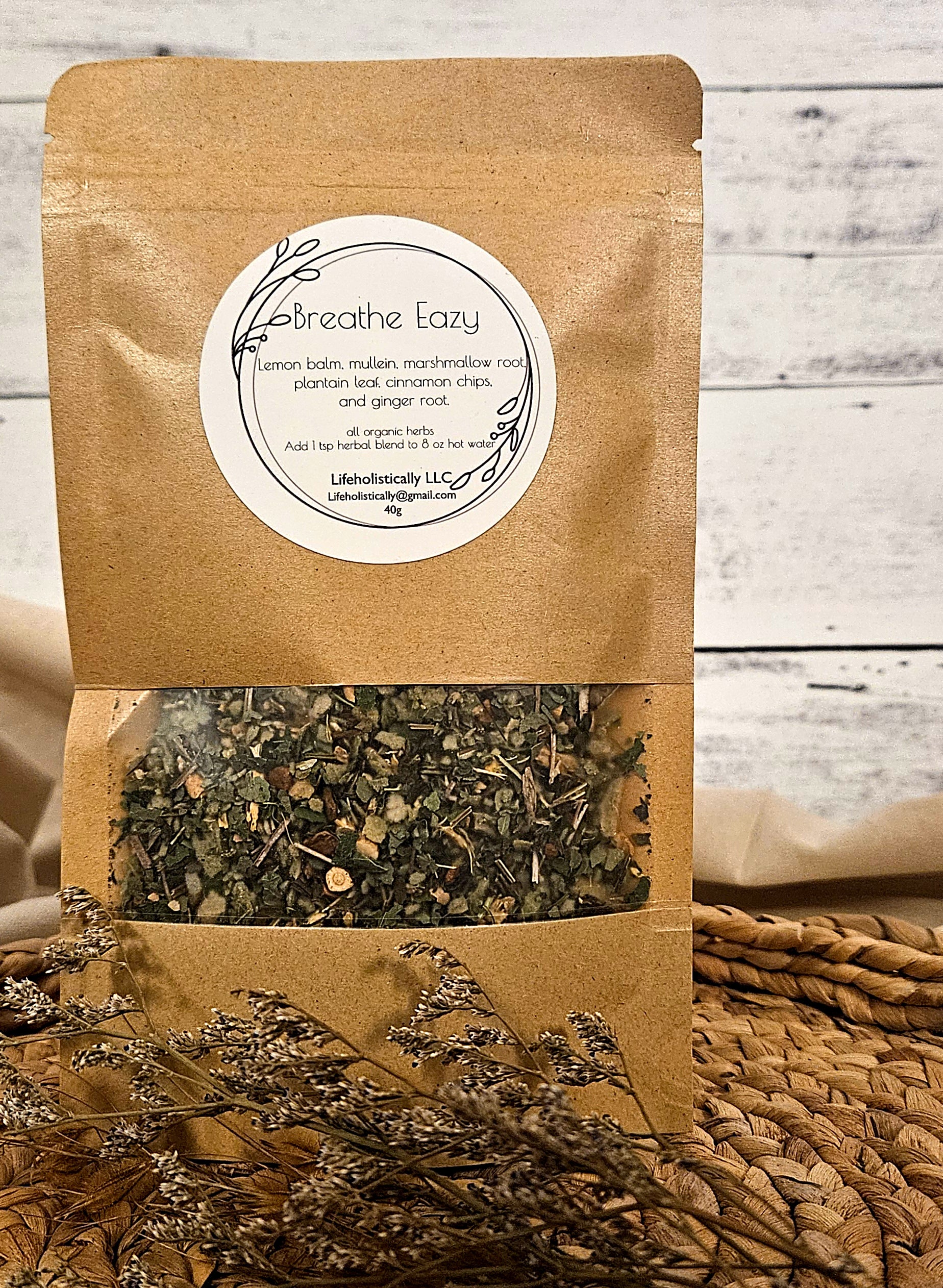 Breathe Eazy Herbal Tea Blend with lemon balm, mullein, astragalus, marshmallow root, plantain, cinnamon, and ginger. A soothing herbal tea for seasonal comfort.