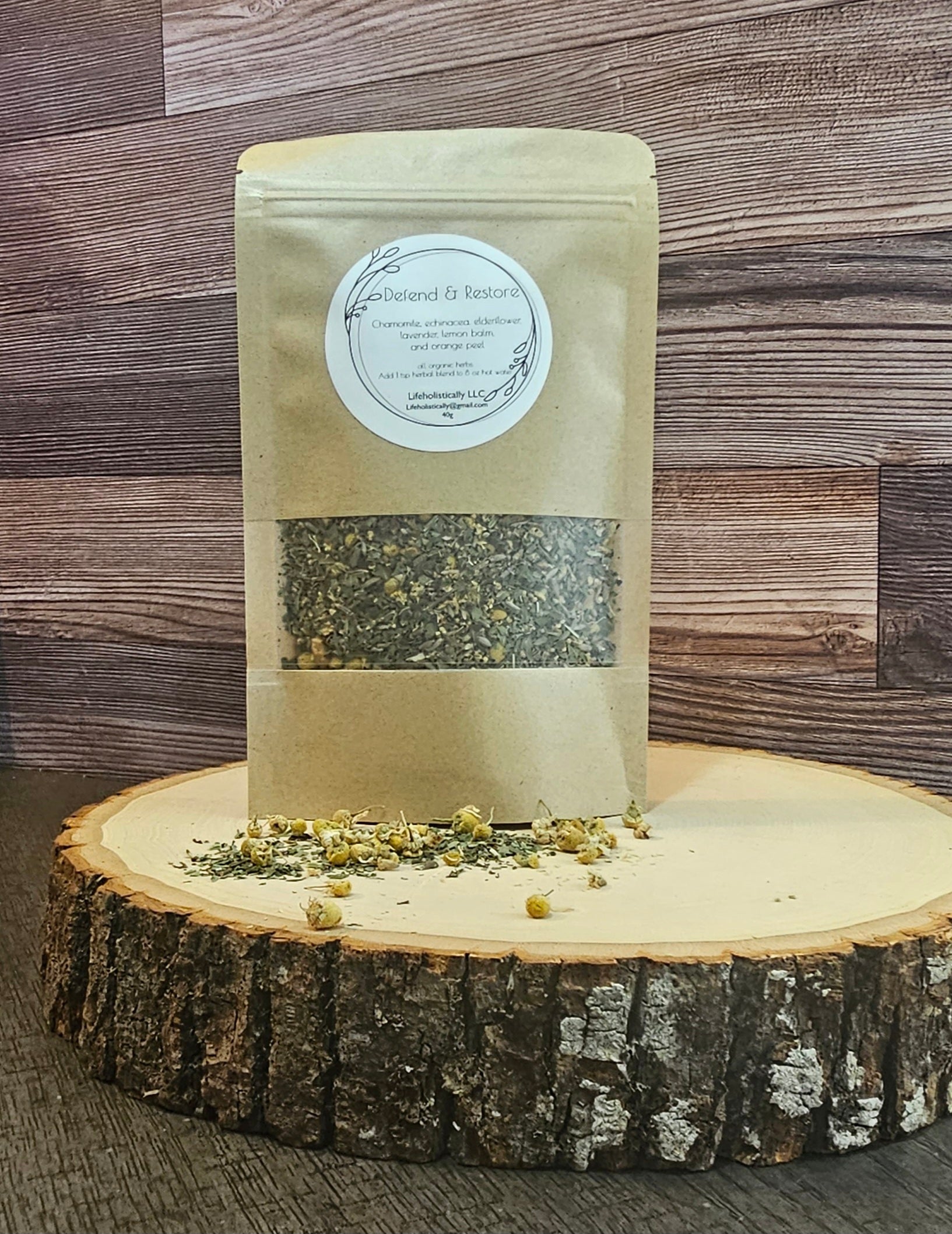 Defend and Restore Herbal Tea Blend with chamomile, echinacea, elderflower, lavender, lemon balm, and orange peel. A soothing organic herbal tea for daily comfort.