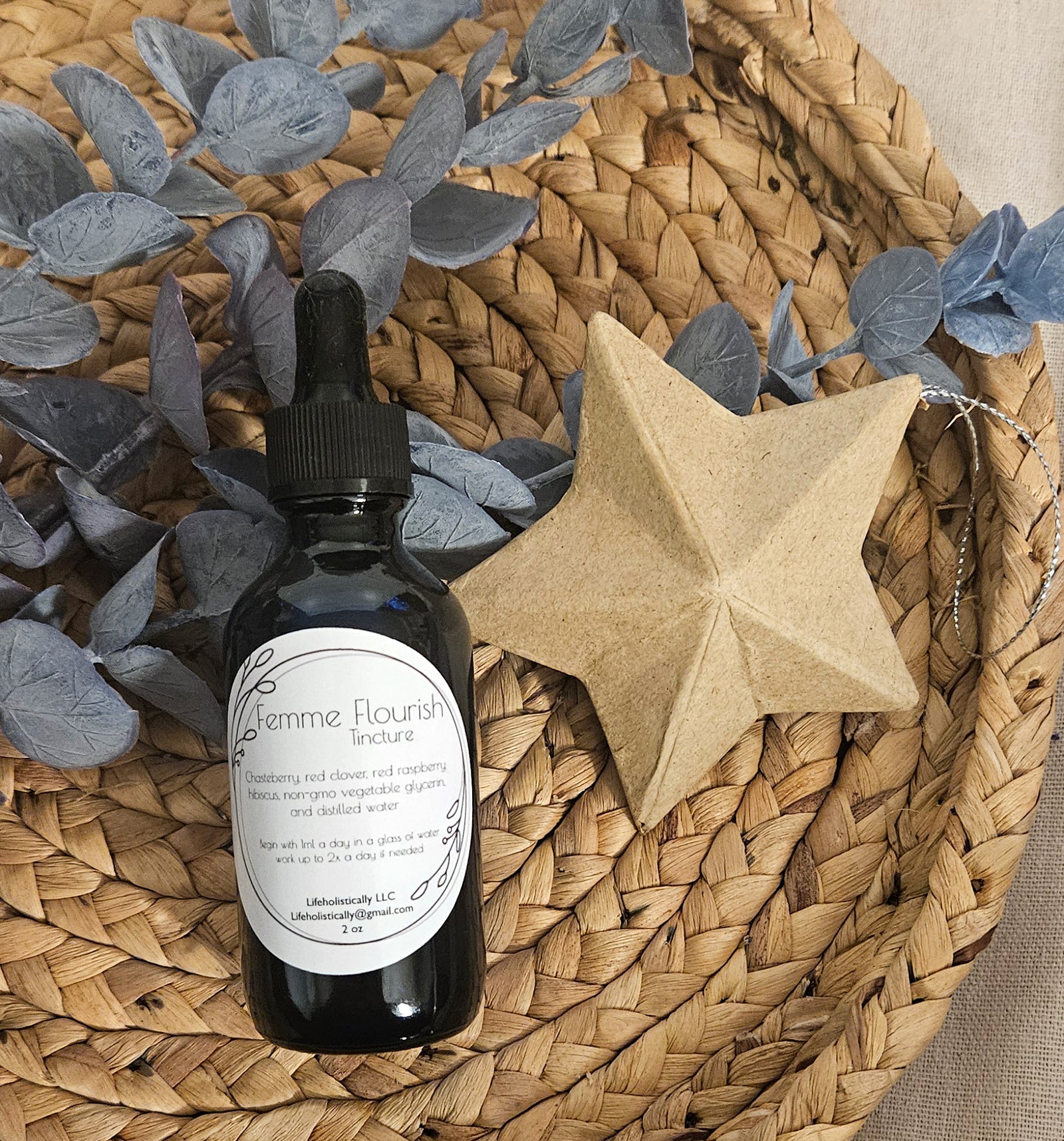 Femme Flourish Tincture made with red clover, chasteberry, red raspberry leaf, and hibiscus. An alcohol free herbal blend crafted for women in midlife transitions.