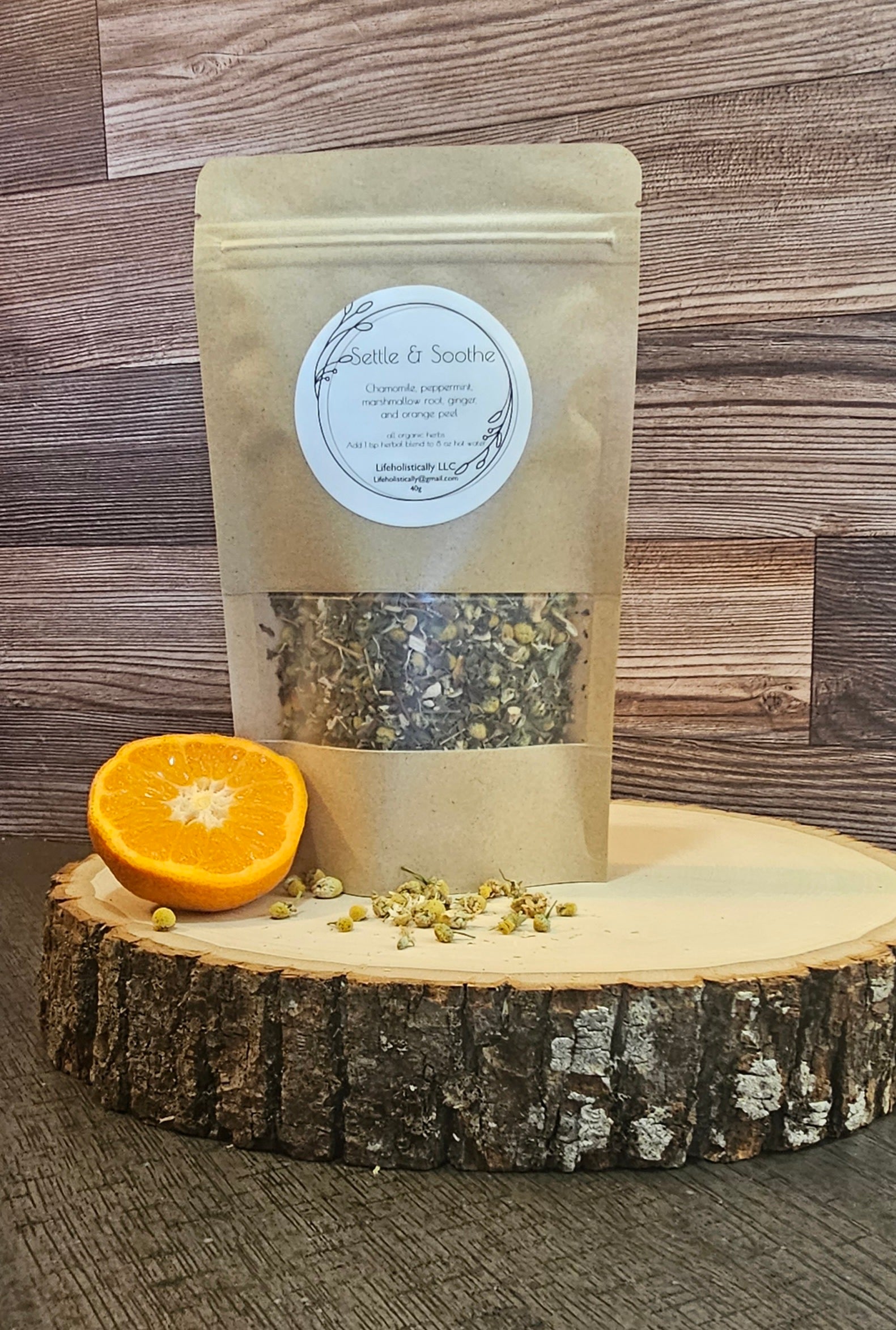 Settle and Soothe Herbal Tea Blend with chamomile, peppermint, marshmallow root, ginger, and orange peel. A comforting, grounding tea for gentle daily rituals.