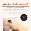 Promotional graphic for a free nervous system self-assessment titled 'Why Am I So Exhausted?'. The design features a warm beige background with brown and black text, accompanied by a photograph of a woman sitting on a sandy beach by the ocean.
