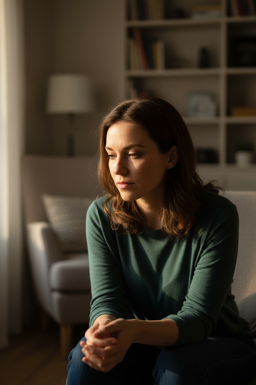woman sitting alone contemplating portrait orientation